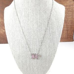 Necklace pink stone Butterfly. Silver tone